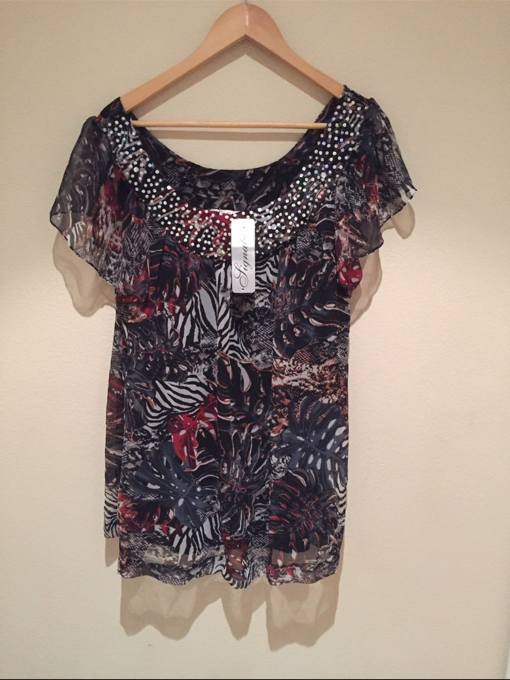 Signature Multicolor Animal-Print Chiffon Blouse with Rhinestone Neckline
